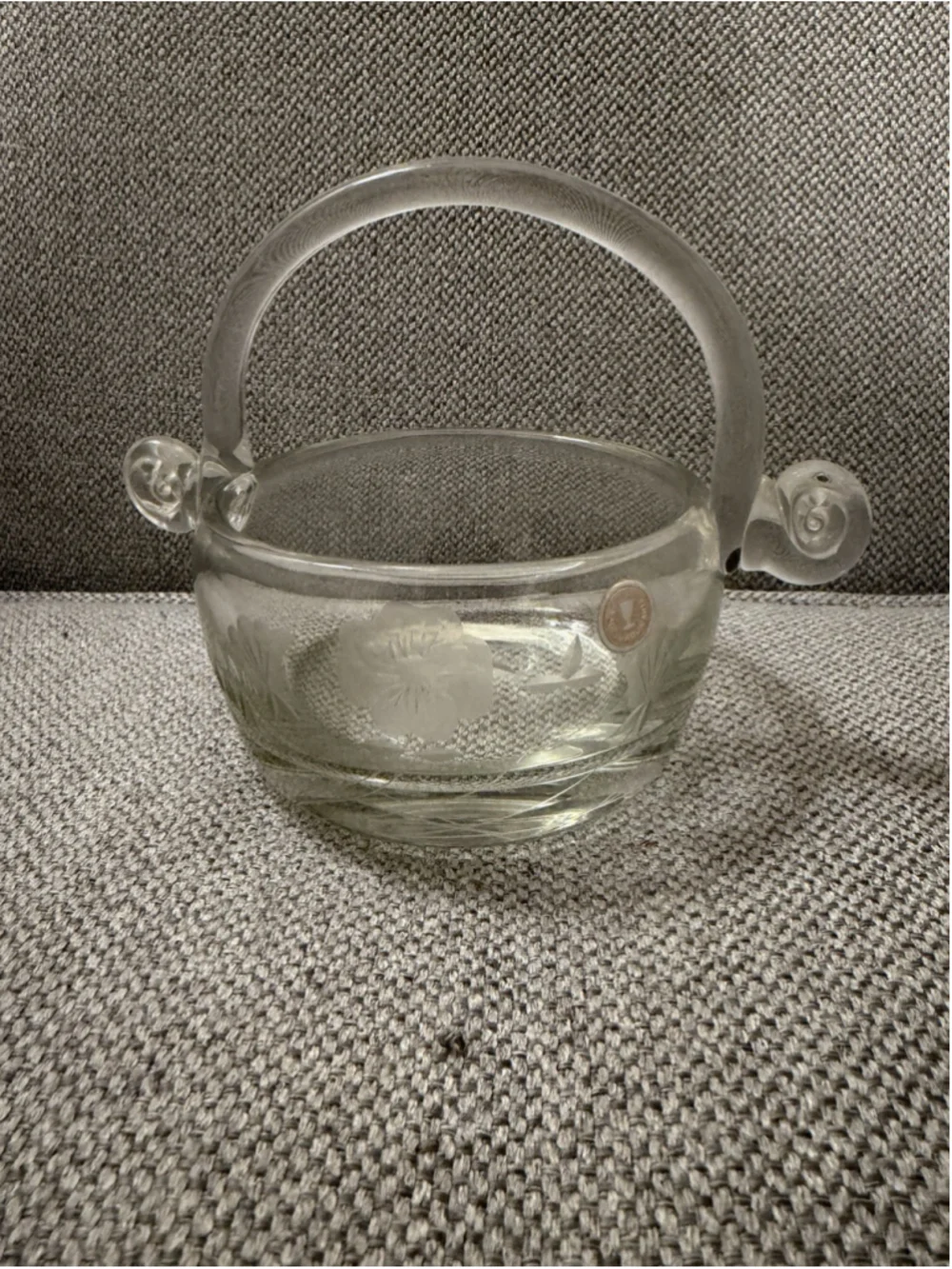 vintage hand-blown Romanian glass Round basket with an etched floral design